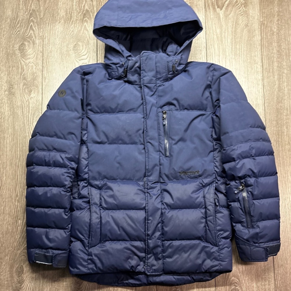 Marmot Shadow Jacket Black 700 Fill Duck Down Mens Small Blue